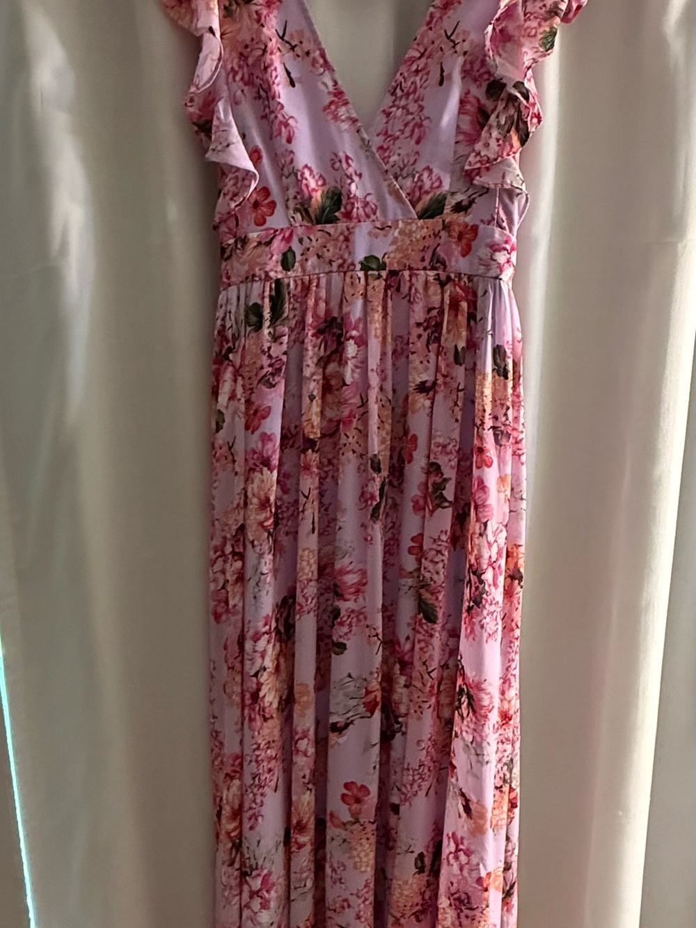 SHEIN Pink Floral Maxi Dress with Ruffle Shoulders